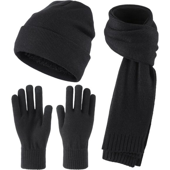 Men's Knit Beanie Hat Scarf Gloves Cold Weather Set Long Neck Scarf Touchscreen
